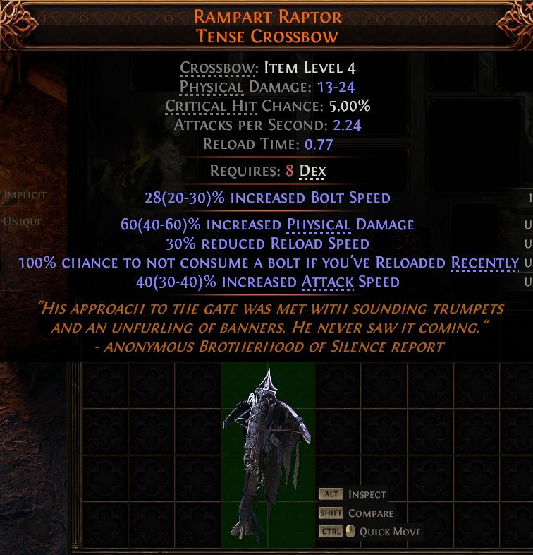 MMOJUGG Path of Exile 2 RAMPART RAPTOR TENSE CROSSBOW#1143944 Details View of Item Function and Use