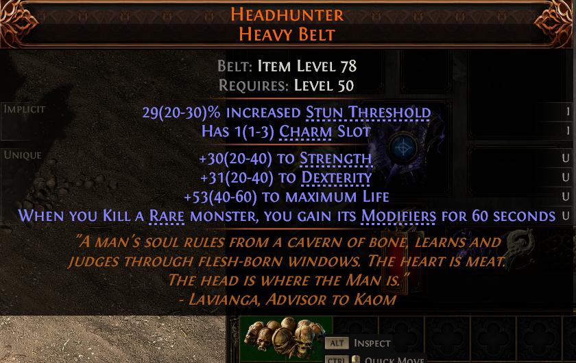 MMOJUGG Path of Exile 2 HEADHUNTER HEAVY BELT#1144435 Details View of Item Function and Use
