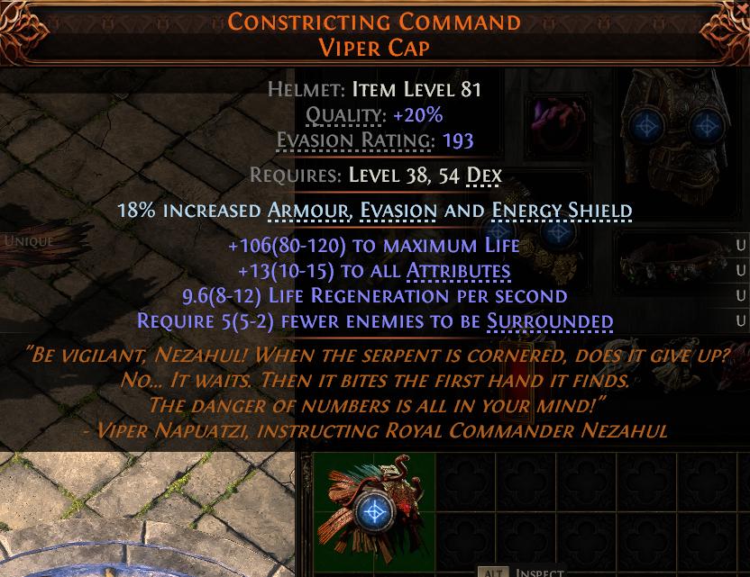 MMOJUGG Path of Exile 2 CONSTRICTING COMMAND VIPER CAP#1152692 Details View of Item Function and Use