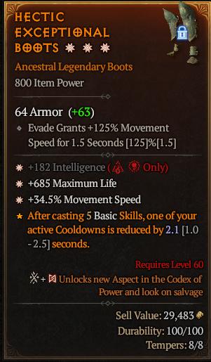 MMOJUGG Diablo 4 HECTIC EXCEPTIONAL BOOTS#1153399 Details View of Item Function and Use