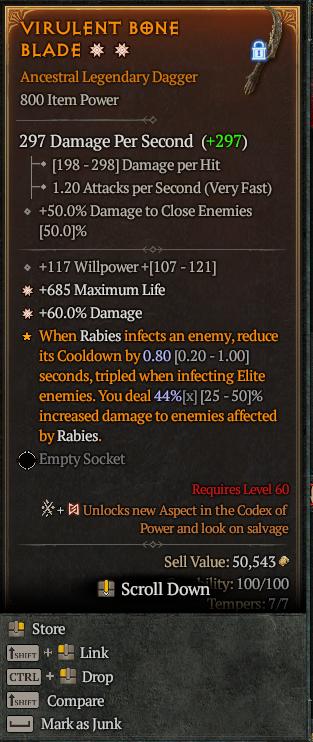 MMOJUGG Diablo 4 VIRULENT BONE BLADE#1153898 Details View of Item Function and Use