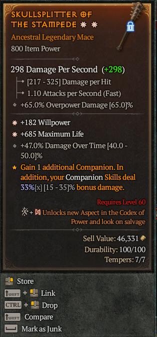 MMOJUGG Diablo 4 SKULLSPLITTER OF THE STAMPEDE#1153901 Details View of Item Function and Use