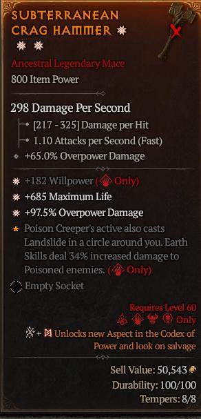 MMOJUGG Diablo 4 SUBTERRANEAN CRAG HAMMER#1156524 Details View of Item Function and Use