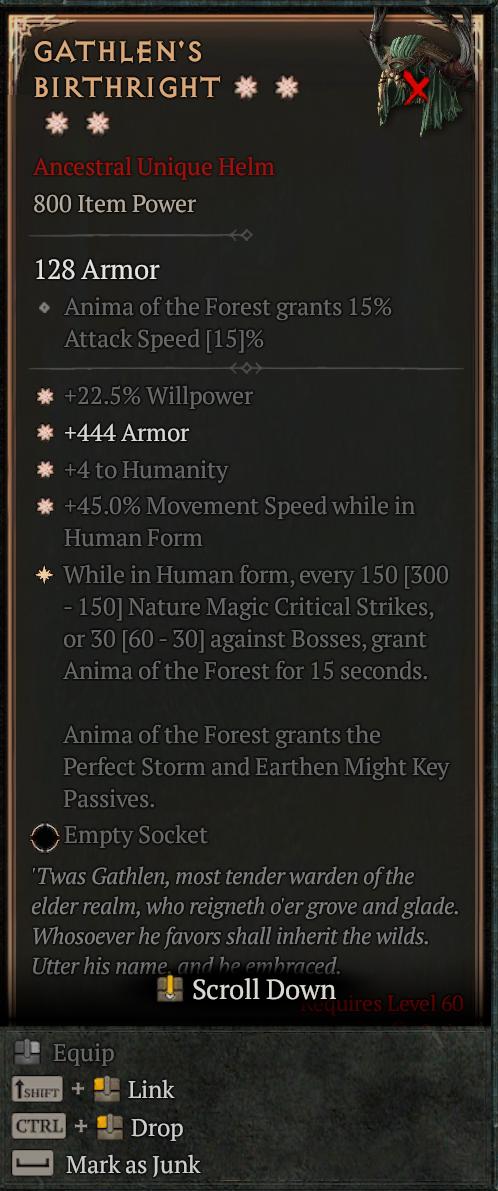 MMOJUGG Diablo 4 GATHLEN'S BIRTHRIGHT#1156718 Details View of Item Function and Use