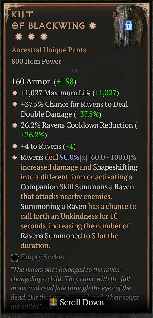 MMOJUGG Diablo 4 KILT OF BLACKWING#1157790 Details View of Item Function and Use