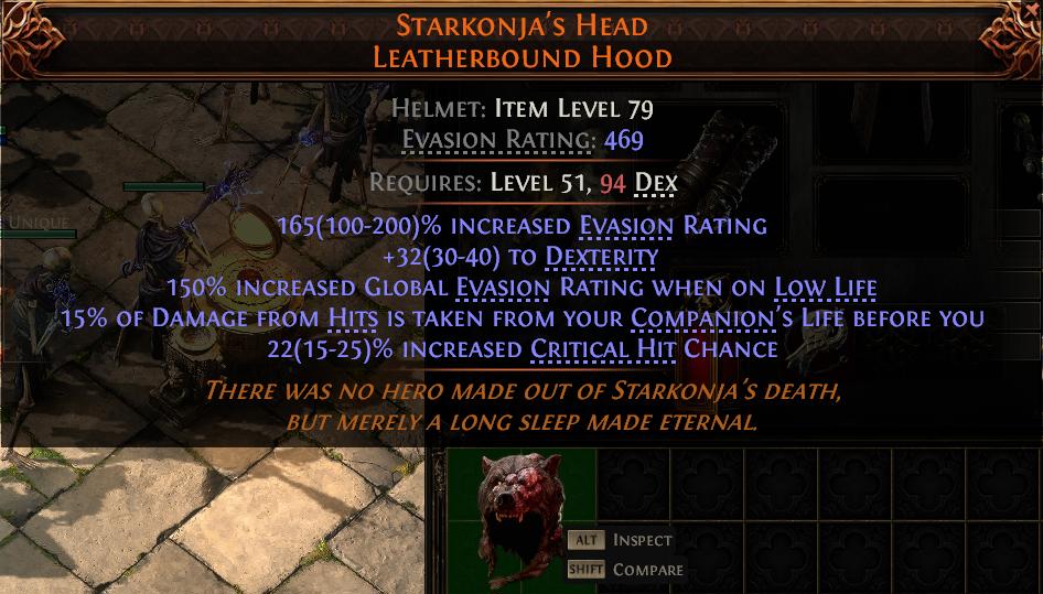 MMOJUGG Path of Exile 2 STARKONJA'S HEAD LEATHERBOUND HOOD#948532 Details View of Item Function and Use
